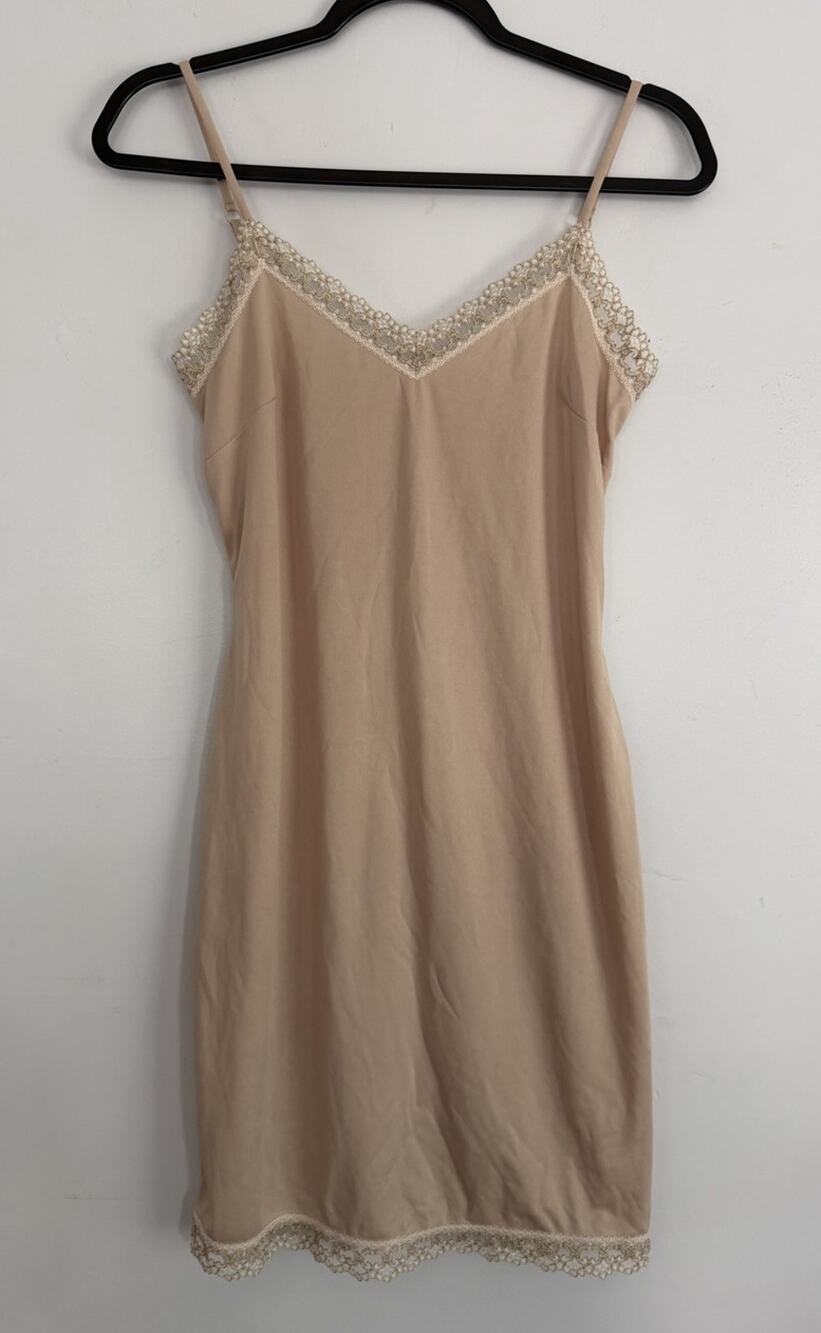 Vintage 90s Mica Lace Slip Dress M Nude Beige Lingerie Coquette Mini Made USA
